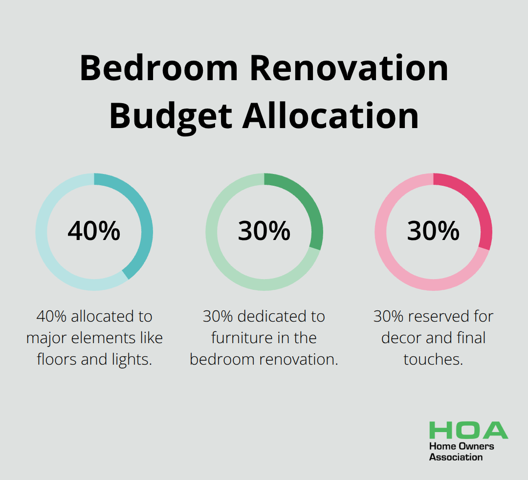 Pie chart showing budget allocation for bedroom renovation: 40% for major elements, 30% for furniture, and 30% for decor and final touches. - renovation bedroom ideas