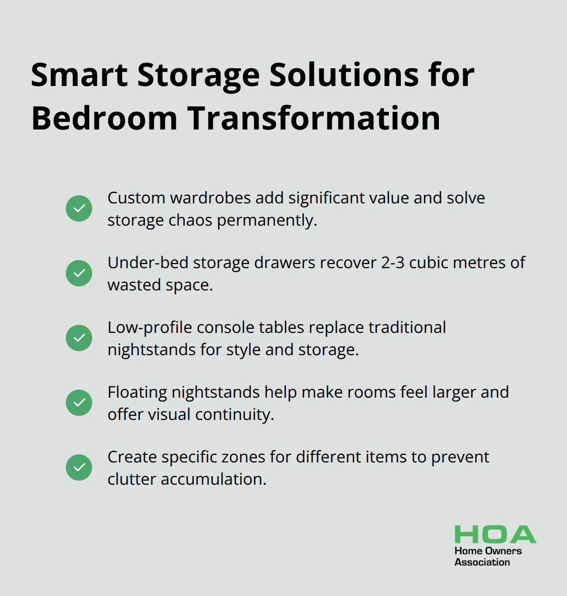 Checkmark list of smart storage solutions for bedroom transformation, including custom wardrobes, under-bed storage, and multi-functional furniture.
