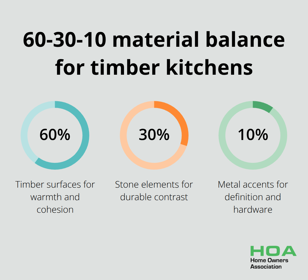 Visual breakdown of the 60-30-10 rule for timber kitchen materials in Australia - timber kitchen renovation ideas