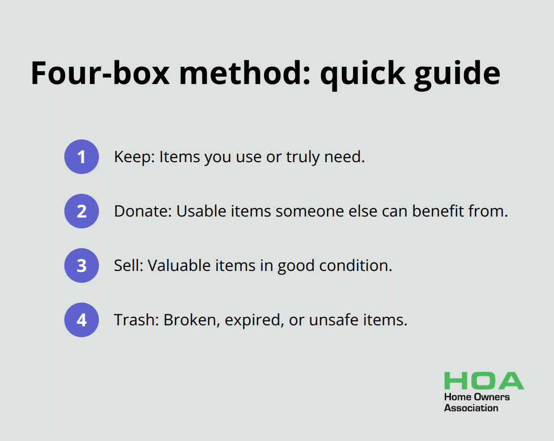 Compact list of Keep, Donate, Sell, Trash categories for sorting items - tips for decluttering your home