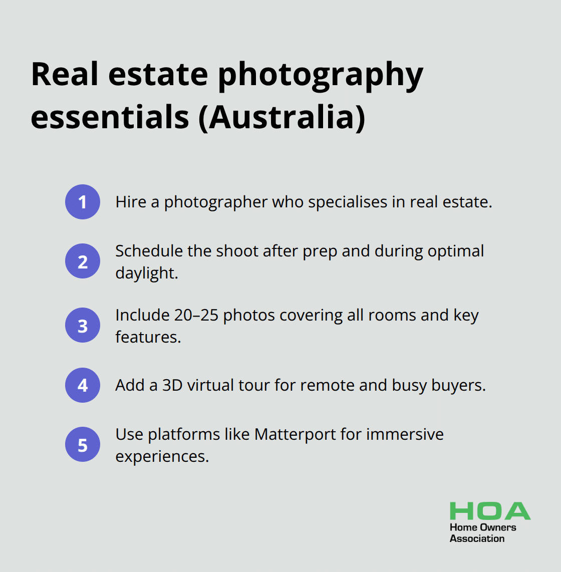 Compact list of must-do steps for standout Australian property photography - tips on how to sell your home