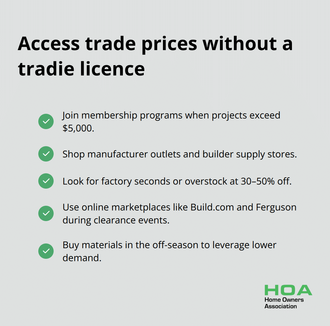 Ways Australian homeowners can access trade-level prices and discounts on renovation materials.