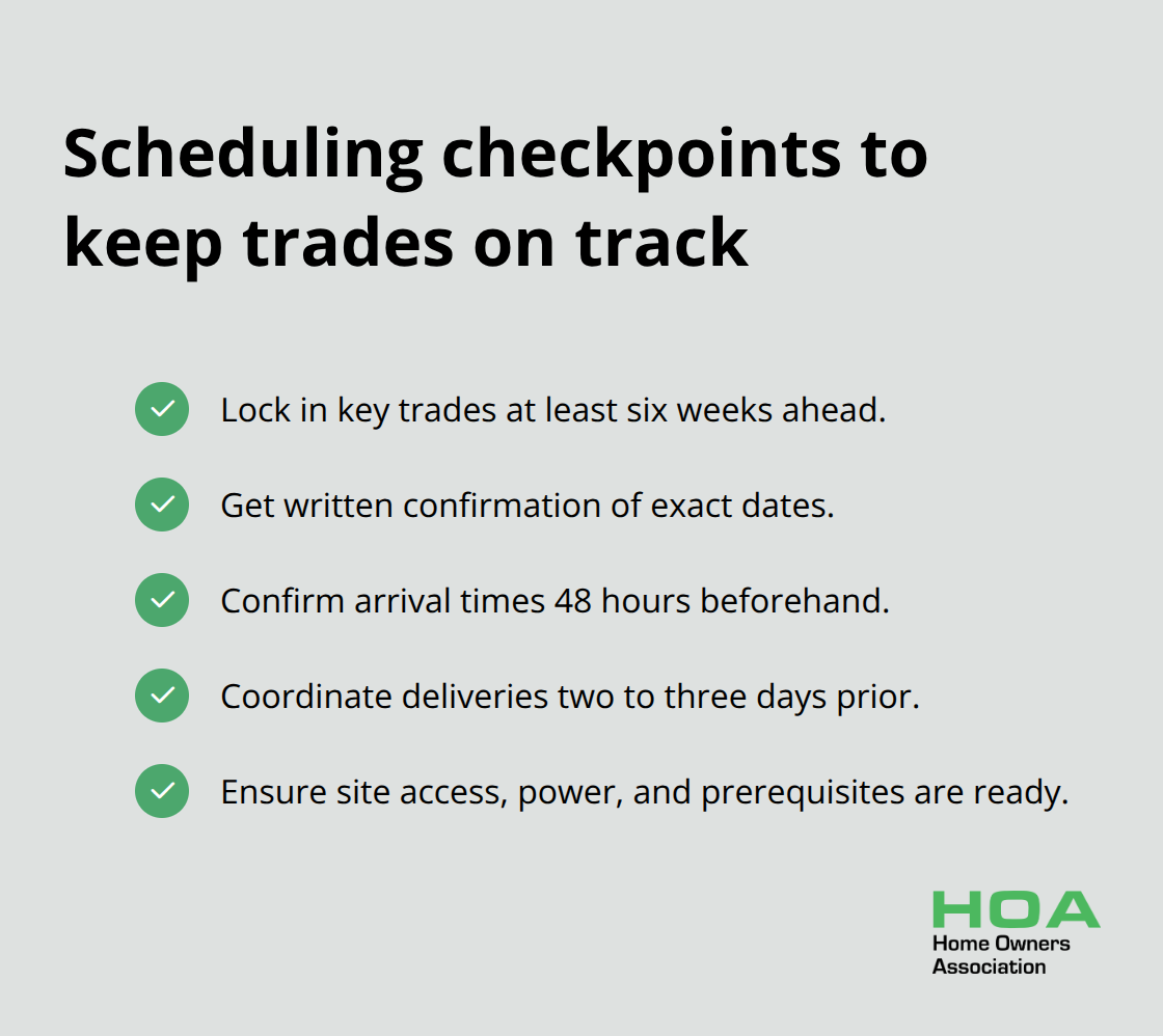 Checklist of actions to lock in trades, confirm attendance, and time deliveries for Australian renovations - Renovation project timeline tips
